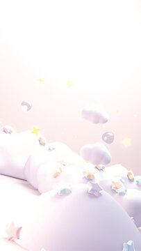 3d render soft dreamy pastel stars and clouds. (vertical)