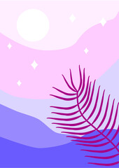 Fototapeta na wymiar Abstract arabian landscape. Minimalism ponoramic mountains with night sunrise sky, moon, palm leave, stars. Nude colors, pink and violet. Relax summer lilac poster.