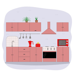 Kitchen. Vector image of a kitchen with cupboards and kitchen appliances. Flat style. Interiors.