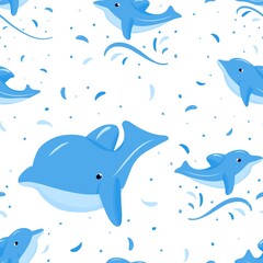 Seamless pattern with blue funny dolphin. Vector background. Baby fabric textile. Summer backdrop. For wrapping, package product, t shirt clothes print.