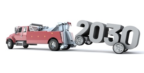 3D illustration of truck towing the number 2030 with wheels