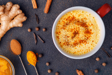 Turmeric Latte or Golden Milk, ginger, honey, curcuma, cinnamon, pepper