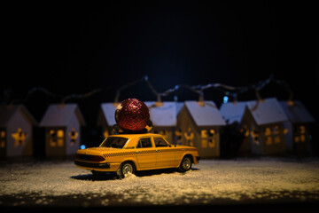 toy car on the background of houses