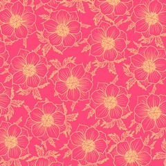 Fototapeta na wymiar A pattern of yellow contour flowers on a pink background. Trendy illustration template for corporate identity, stationery, packaging and wallpaper. Minimalist floral background.
