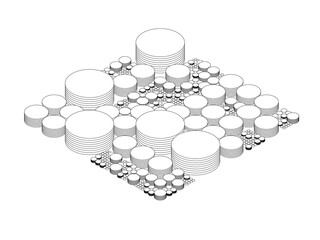 Quad tree isometric pattern with circles, database chart or coins visualization, generative art