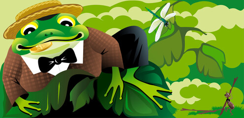 Green funny frog brings good luck. Vector illustration.