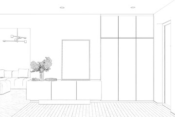 Sketch of the entrance hallway with a vertical poster and pampas grass on a sideboard, a wardrobe, an entrance door, a doorway to the living room with a chandelier over a sofa. Front view. 3d render
