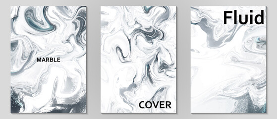 Art set of cover design. Liquid gray and white stone marble splash background. Ink paint acrylic nature winter texture.