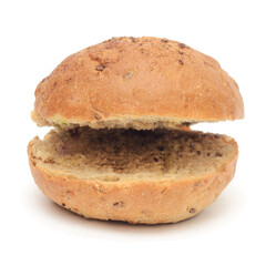 Burger bun with flax cut into two halves on one side isolated on white background.Funny burger bun.