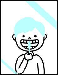 歯を磨く姿を鏡に写す子供