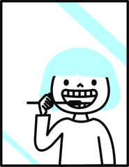 歯を磨く姿を鏡に写す子供