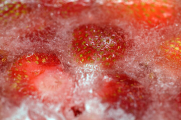 Frozen strawberries covered by frost, berry Victoria, close-up. Berry in ice