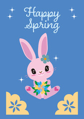 Happy Spring Cute Girly Rabbit with Flower Card