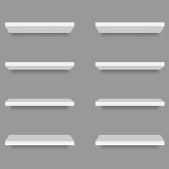 White shop product shelves. Blank empty showcase display, 3D supermarket retail shelves. Bookcase store rack, shopping merchandise market products racks realistic vector isolated mockup. EPS 10