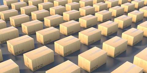 Warehouse storage cardboard boxes background, Carton boxes stacked. 3d illustration