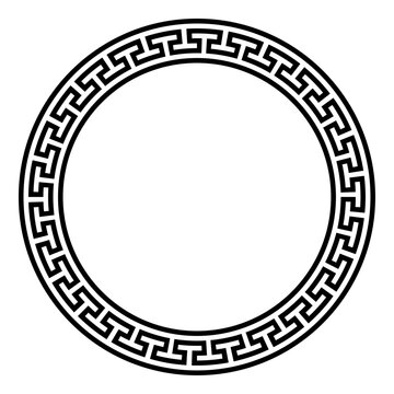 Circle frame with simple meander pattern. Decorative border, made of continuous lines, shaped into a seamless motif. Also known as meandros, Greek key or Greek fret. Illustration over white. Vector.