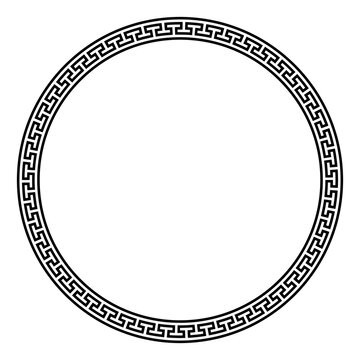 Big circle frame with simple meander pattern. Decorative border made of continuous lines, shaped into a seamless motif. Also known as meandros, Greek key or Greek fret. Illustration over white. Vector