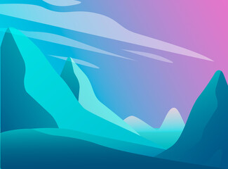 Beautiful landscape with blue mountains, clouds and pink sky. Abstract gradient background, vector illustration.