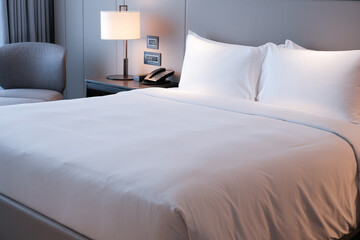 Clean Bedding sheets and pillow on natural wall room background. White bedding and pillow in hotel...
