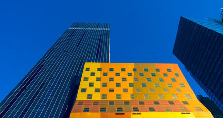 Beautiful top view of big buildings, Manhattan New York, USA. Downtown view with skyscrapers, financial district. Concept Architecture and Business background. - obrazy, fototapety, plakaty