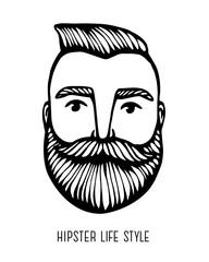 Hipster head with beard. Hand-Drawn Doodle. Vector Illustration - stock vector. Hand drawn cartoon character. Bearded man