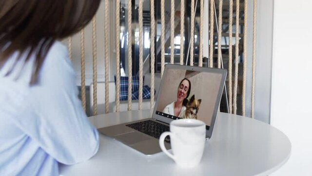 Young brunette woman with dog is speaking on video call with friend using laptop computer at home kitchen