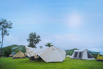 Camp and pitch a tent under the forest on the hill with a beautiful morning sun