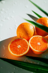 Fresh delicious fruits. Real live vitamin C. Red oranges. Vegetarian food. Healthy lifestyle. Healthy food. They are lying on a white table. Long green leaves from a palm tree. copy space.