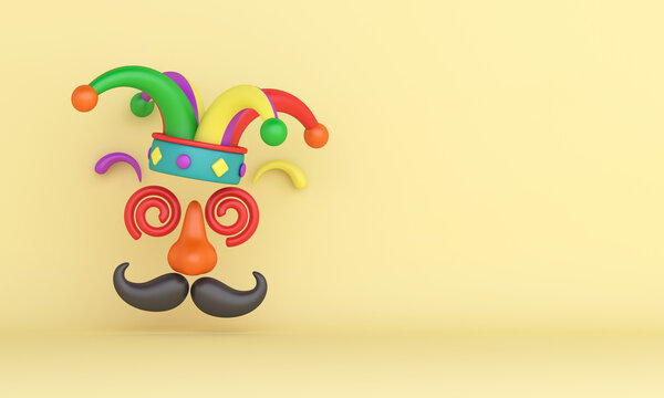 April fools day decoration background with jester hat, nose and mustache, copy space text, 3D rendering illustration
