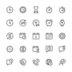 Time and Clock Vector Line Icons. Timer, Calendar, Watch, Support, Waiting. Simple Interface Icons for Mobile Apps. Editable Stroke. 32x32 Pixel Perfect.
