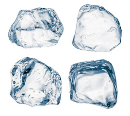 Set of pieces of pure blue natural crushed ice. Ice cubes isolated on white. Clipping path for each cube included.