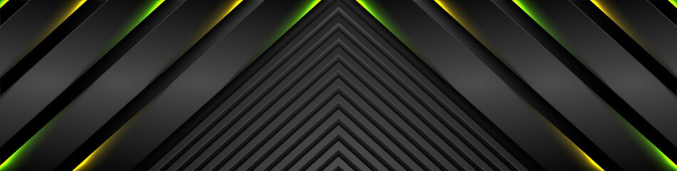 Abstract black stripes with green orange neon glowing light. Vector technology banner design