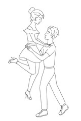 Young man and woman couple dancing. Couple in hand-drawn style vector illustration 