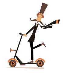 Mustache man in the top hat rides on scooter illustration. Long mustache gentleman in the top hat riding Long mustache gentleman in the top hat riding ecologically clean urban vehicle isolated on whit