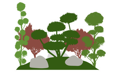 Silhouette of  garden with decorative trees. Beautiful bonsai, cypress and other coniferous trees. Vector illustration.