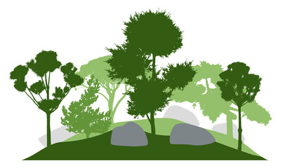 Silhouette of  garden with decorative trees. Beautiful coniferous trees. Vector illustration.