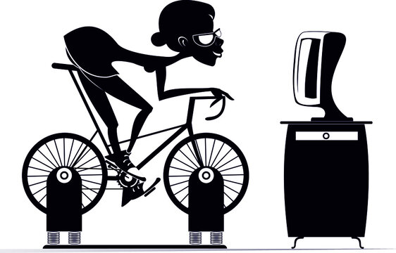 Cyclist woman trains at home on the exercise bike illustration. Cyclist young woman rides on exercise bike in front of TV or computer black on white
