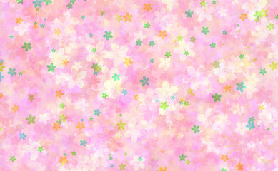 桜の花がちらばる背景画像、ピンクと緑、かわいい色