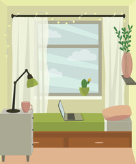 Interior of a cozy bedroom with a large window. Girl's room, teenager's room, student's room. Small bedroom with bed, bedside table, shelf, plants, lamp, laptop