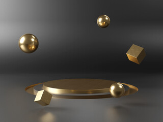 Golden stage podium on black background background. Mockup of empty circular platform. Abstract geometric pedestral. 3D rendering