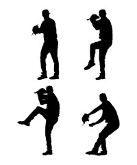 Fototapeta na wymiar Silhouettes of a baseball pitcher pitching, Pitcher shapes printables editable isolated