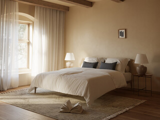 3d rendering of an atmospheric Mediterranean calm relaxing elegant summer bedroom with earthy tones 