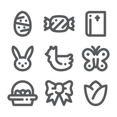 Happy easter icon set. Bold linear, line art style.