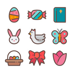 Happy easter icon set. Colored line style.