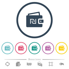 Israeli new Shekel wallet flat color icons in round outlines