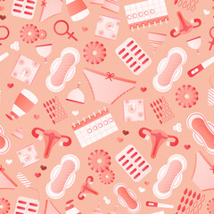 Women hygiene objects seamless pattern with pads, menstrual cups, pills, tampons, monthy cycle