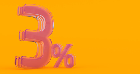 three (3) percent in glass, Glass 3d number on colored background, 3d render