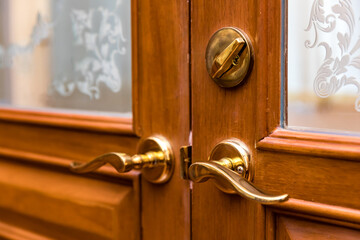 Golden classic vintage brass door handle knob, Antique teak wooden door