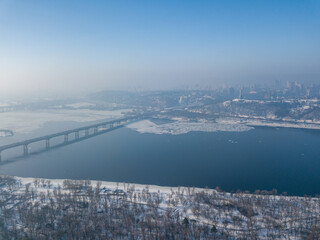 View of Kiev in early spring. Aerial drone view. Sunny morning.