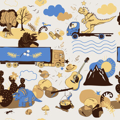 seamless pattern with dinosaur and lorry